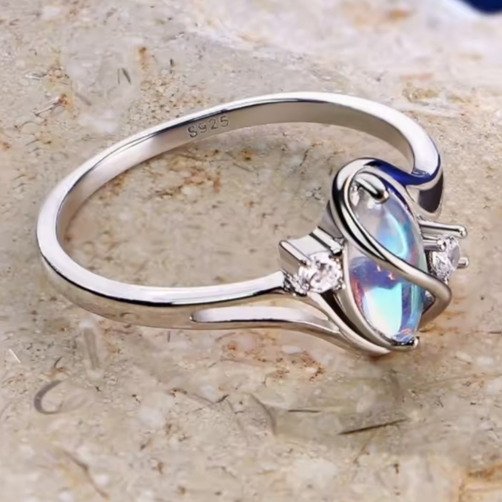 925 Silver Rainbow Moonstone Zirconia Silvery Ring Size 8 Celtic Rings - Picture 2 of 12